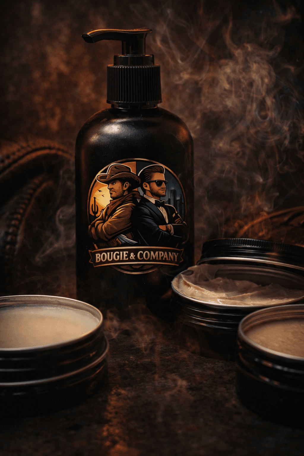 Bougie & Company self-care bottles and body butter jars in a smoky rustic scene.