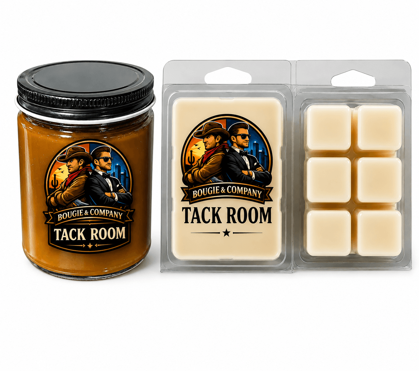 Bougie & Company Tack Room candle and wax melts on a white background.