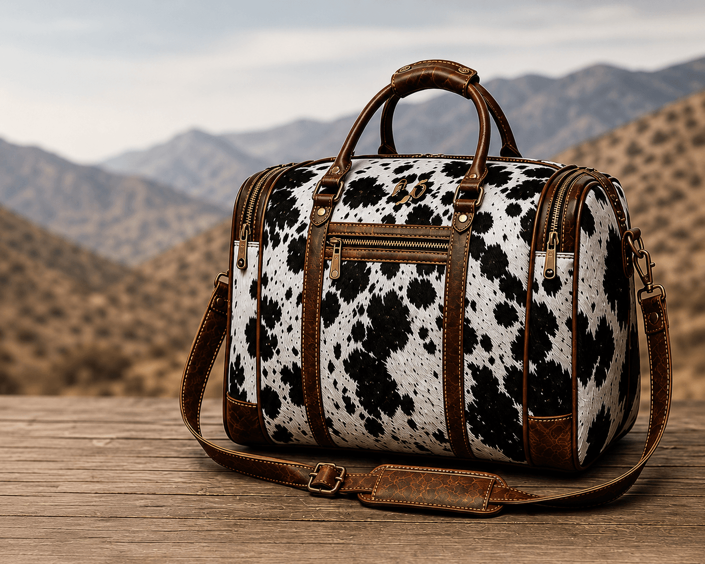 Cowhide and leather weekender bag on a rustic table with mountains in the background.